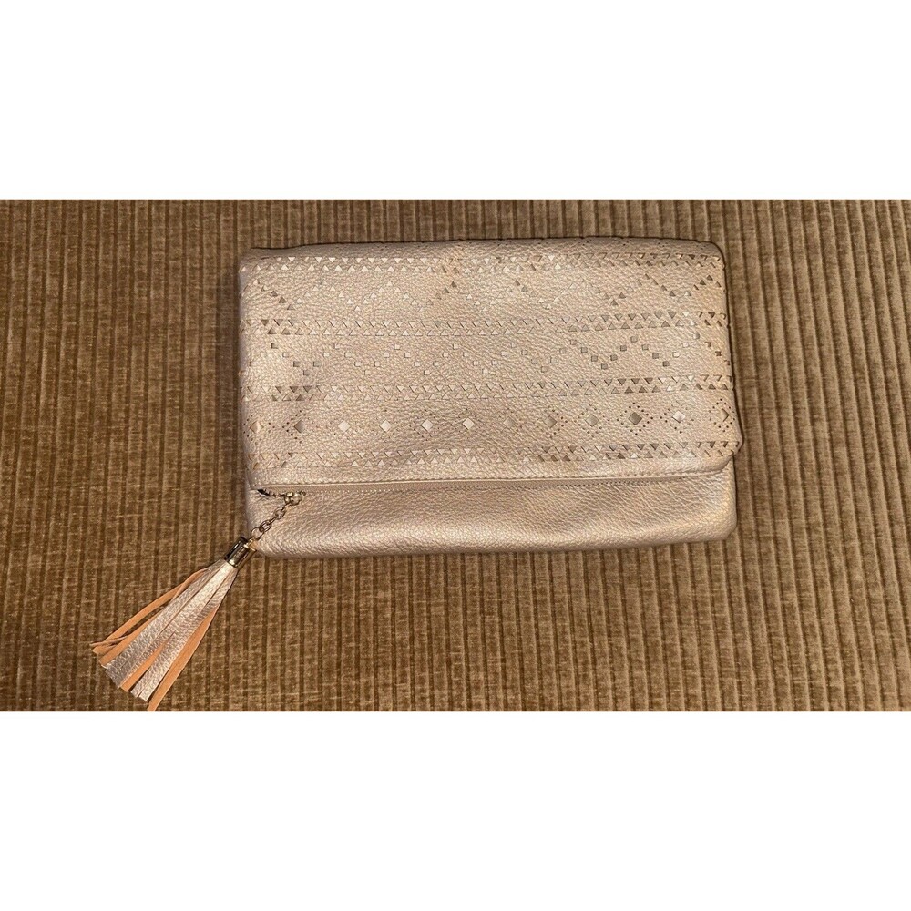 Gold Metallic Clutch Purse Geometric Embossed Pattern Tassel Zip